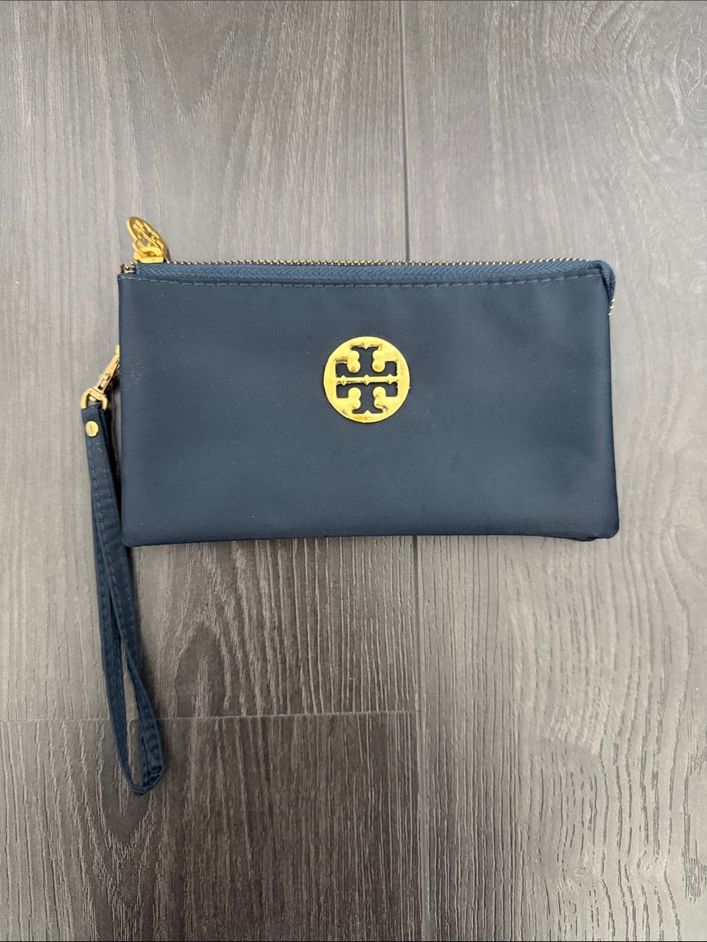 Tory Burch Inspired Navy Wristlet with Gold Logo Accent